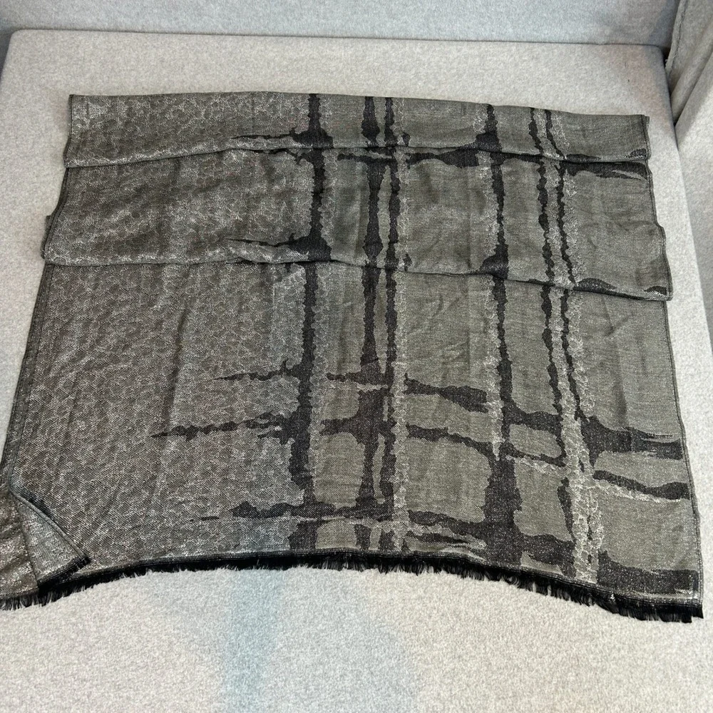 Silver Black Metallic Scarf Wrap Abstract Fringe Minimalist Neutral Accessory
